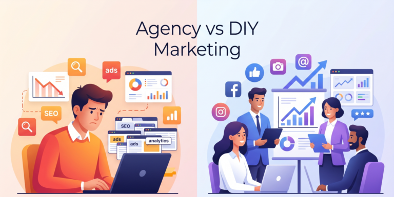 Digital marketing agency vs DIY marketing visual showing business growth strategy decision